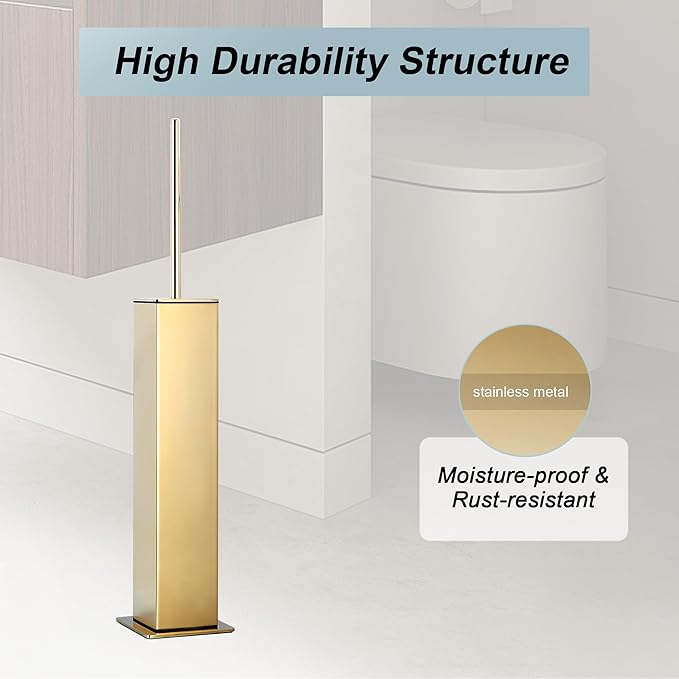 Gold Toilet Brush with Holder 304 Stainless Steel Toilet Bowl Brush Square Bathroom Cleaner Brush
