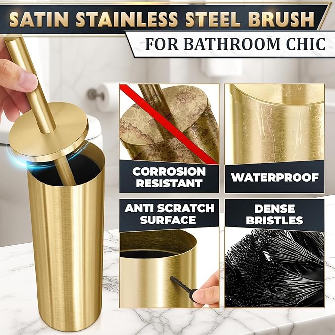 2 PCS Gold Toilet Brush and Holder Set - Brushed Stainless Steel Gold Toilet Bowl Brush and Holder with Replacable Head Removable Inner Bowl and Splash Protection - Dense Bristles for Cleaning