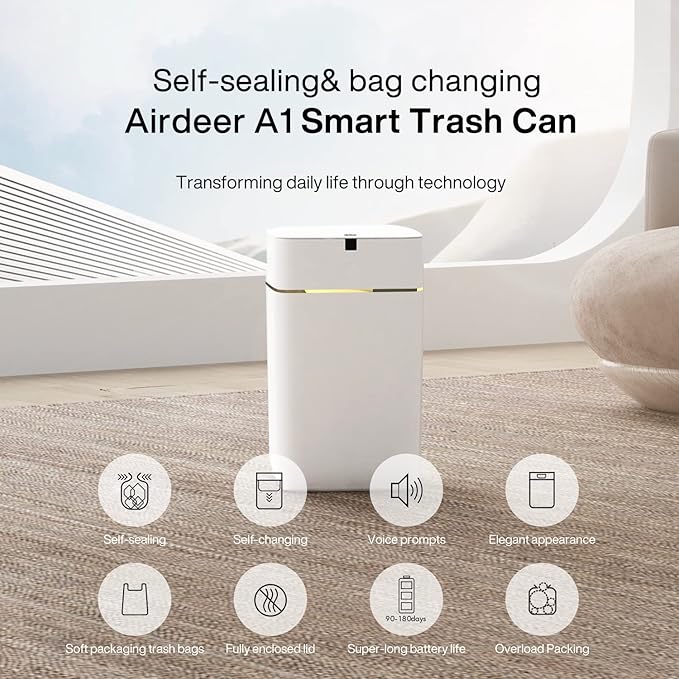 Airdeer Automatic Trash Can 4 Gallon Self Sealing and Self-Changing Smart Trash Can Motion Sensor Touchless Garbage can with lid for Kitchen Bathroom Office 6 Refill Rings(A1 Golden line)