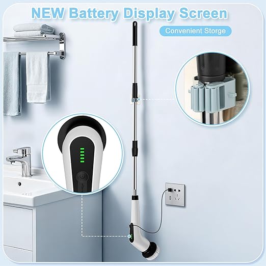 Electric Spin Scrubber Cordless Cleaning Brush with 8 Replaceable Brush Heads Shower Scrubber with Adjustable Extension Handle Waterproof Power Scrubber for Bathroom Tile Floor Tub Car Walls