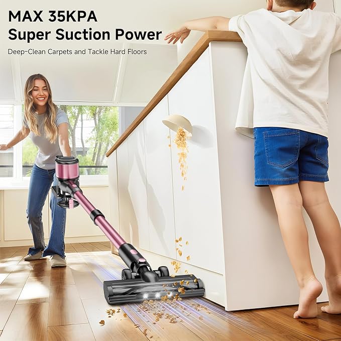 Cordless Vacuum Cleaner 38Kpa Powerful Stick Vacuum Cleaner with 45mins Rechargeable Battery LED Anti-Tangle Brush 8-in-1 Handheld Vacuum Cleaners for Home/Pet Hair/Carpets/Floors Rose