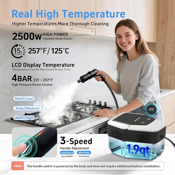 Steam Cleaner for Home(True High Temperature257℉)3-Levels Adjustable Handle Steamer for Cleaning1.9 Quart Steam Cleaner for Car2500W Handheld Steam CleanerClean GreaseDirtTile Furniture