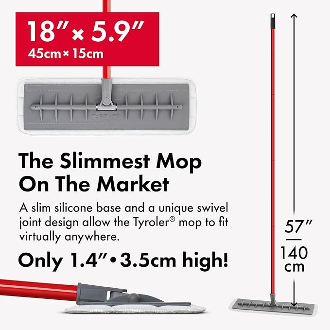 Tyroler Microfiber Floor Mop 100% Silicone Won't Scratch Furniture. Long Aluminum Anti-Rust Handle Fit to Hardwood Walls Laminate Parquet &amp Tile - 2 Free Microfiber Pads (Dark Gray)
