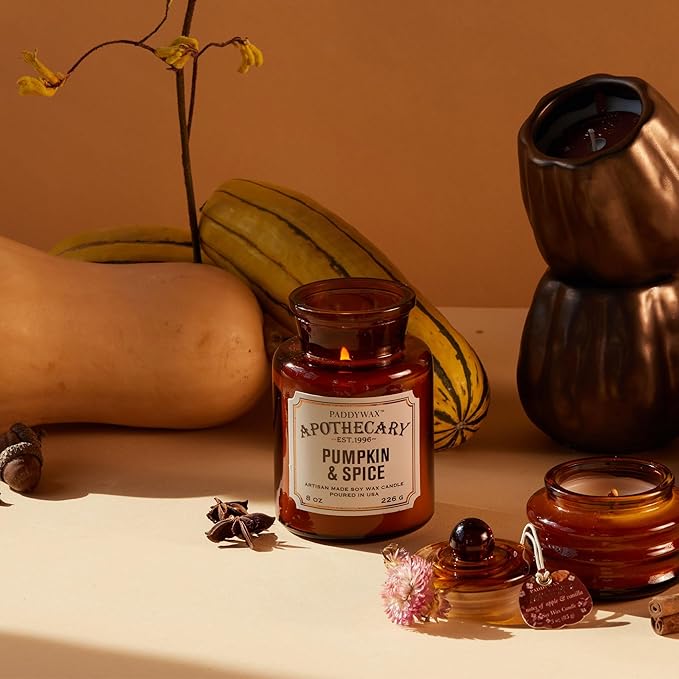 Paddywax Artisan Apothecary Scented Candle with Lid in Reusable Glass Jar Clean-Burn Soy Candle with Approx. 54 Hour Burn Time Pumpkin &amp Spice 8 oz.