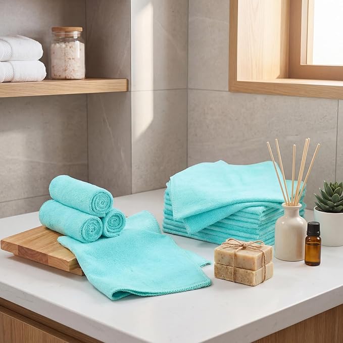 Nuenen Cleaning Cloths for Cars 16 x 16 Inch Ultra Absorbent Towels Drying Microfiber Reusable Cleaning Supplies House Kitchen Window Microfiber Towel(Teal Blue60 Pcs)