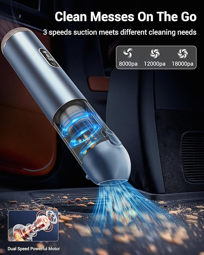 Handheld Vacuum Powerful 18000pa Car Vacuum with Brushless Motor Portable Hand Held Vacuum with 3 Speed Modes 5- in-1 Mini Cordless Vacuum Cleaner with White LED &amp Red Flash for home/Car/Office