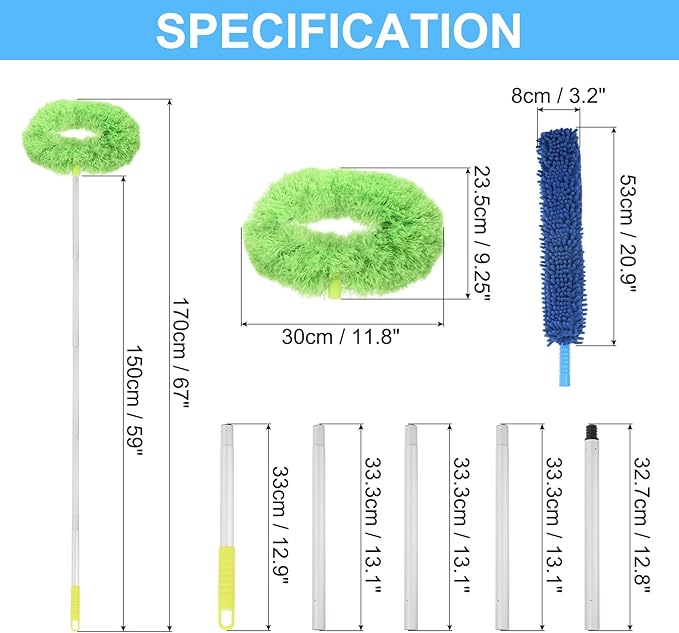 PATIKIL Ceiling Fan Cleaner Duster 12.9 to 59 2 in 1 Microfiber Duster Extendable Handle Fan Blade Cleaning Tool Removable Washable for Furniture Blind Green