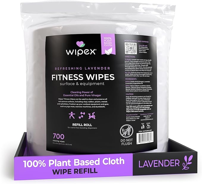 Wipex Plant-Based Gym Wipes Refill - EWG Verified - 700 Count 8x8 Gym Cleaner for Equipment with Vinegar &amp Lavender Essential Oil Fits Dispensers Lavender Scented Fitness Equipment Wipes
