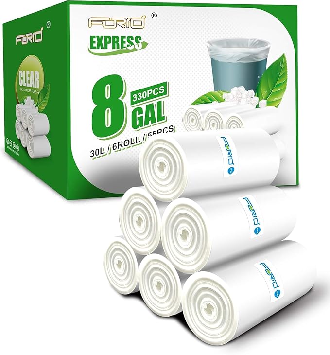 FORID Clear Trash Bags 8 Gallon Garbage Bags Wastebasket Bin Liners 330 Count Plastic Trash Bags for Bathroom Bedroom Office Garbage Can 30 Liters - Durable &amp Thick Trash Bag - Medium