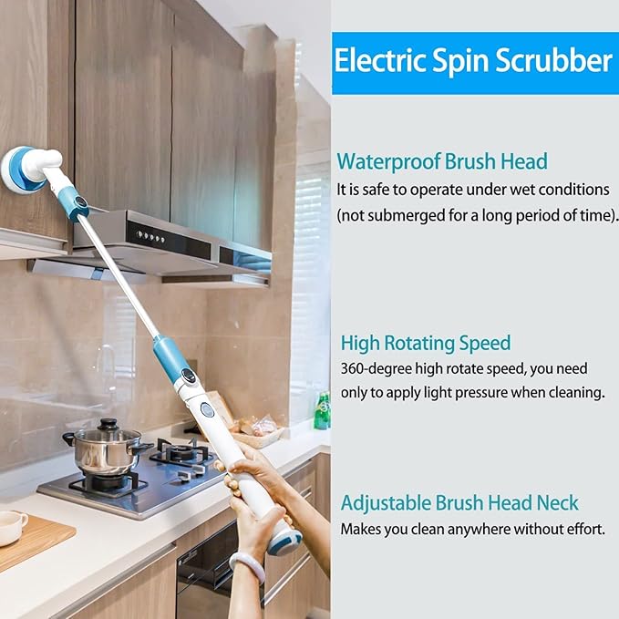Electric Spin Scrubber360 Cordless Tub and Tile ScrubberMulti-Purpose Power Surface Cleaner with 3 Replaceable Cleaning Scrubber Brush HeadsExtension Handle Shower Scrubber for Bathroom Floor Tile