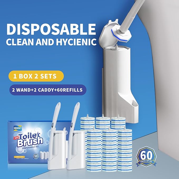 Disposable Toilet Brush Cleaning System Two Sets of Wands and 60p Refills Pads Replacement Heads Wall Mounted Toliet Stick Wand Starter Kit Bathroom Maintenance Toilet Bowl Cleaner Holder