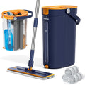 Mop and Bucket Set with Wringer 3-Tank Flat Mop and Bucket System Wall Mop Cleaner with Long Handle Hands Free Mops for Floor Cleaning with 4 Microfiber Pads