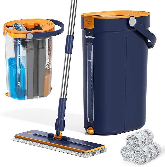 Mop and Bucket Set with Wringer 3-Tank Flat Mop and Bucket System Wall Mop Cleaner with Long Handle Hands Free Mops for Floor Cleaning with 4 Microfiber Pads