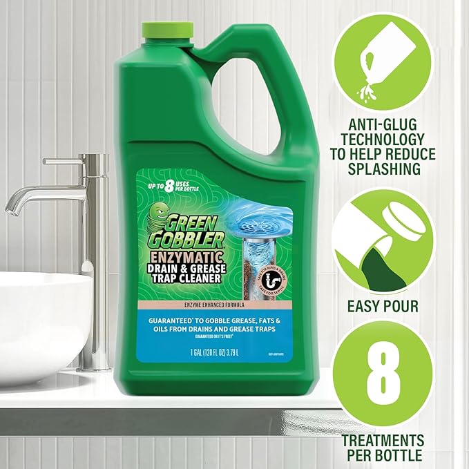 Green Gobbler Enzyme Drain Cleaner | Controls Foul Odors &amp Breaks Down Grease Paper Fat &amp Oil in Sewer Lines Septic Tanks &amp Grease Traps | 1 Gallon