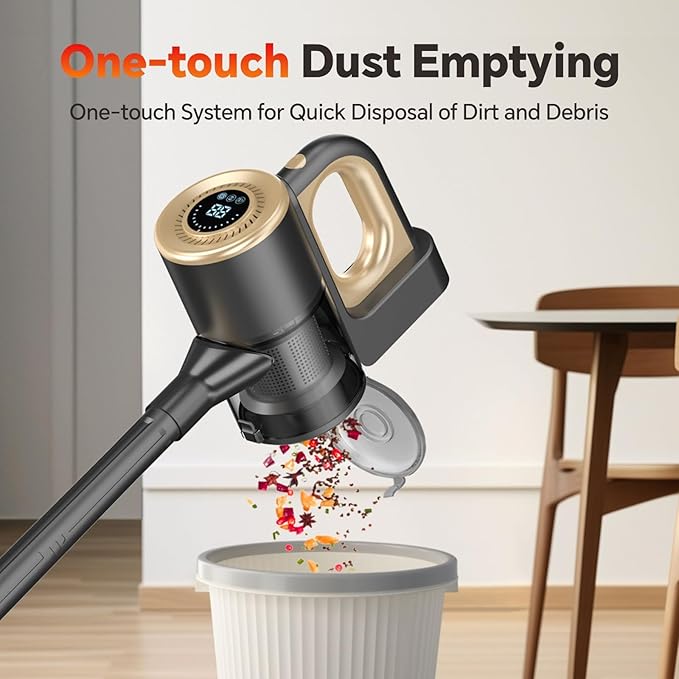 Cordless Vacuum Cleaner Powerful Suction Vacuum Cleaners for Home Stick Vacuum Cordless Rechargeable with LED Screen and 3-Speed Suction Lightweight Vacuum for Hard Floors Carpets Pet Hair Gold