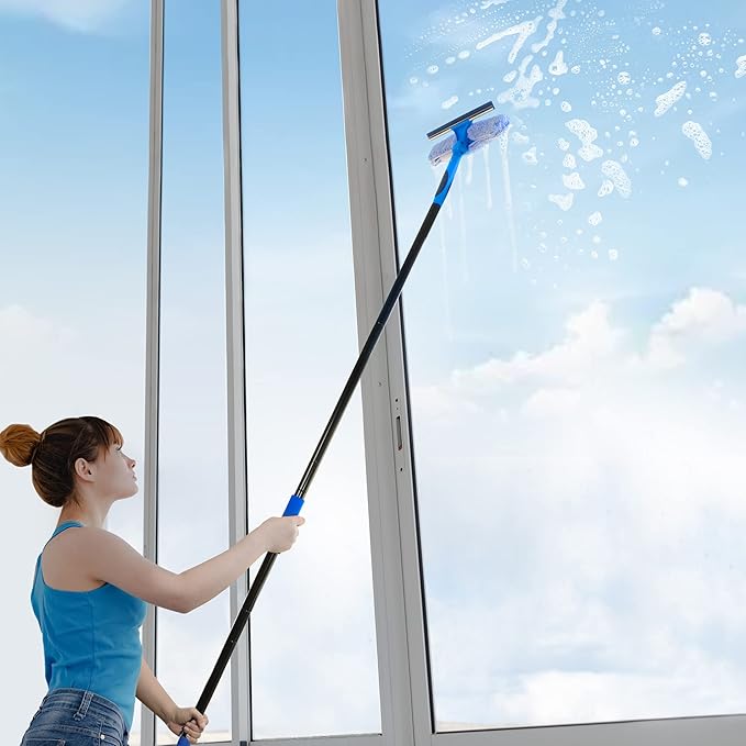 VITEVER Professional 69'' Window Squeegee Cleaner Tool with Extension Pole 2-in-1 Squeegee for Window Cleaning Kit with Scrubber and Rotating Head 1 Blade 2 Scrubber