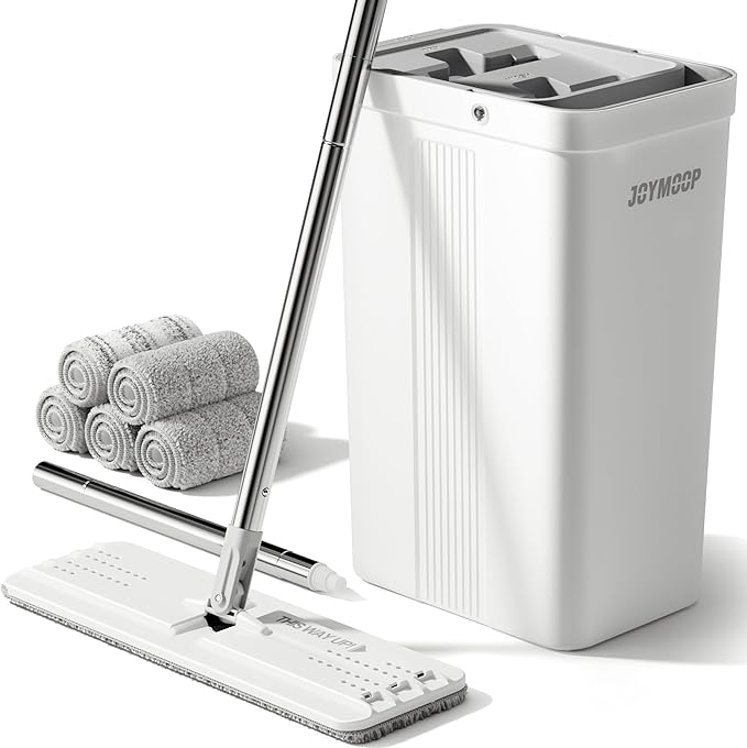 JOYMOOP Mop and Bucket with Wringer Set White Flat Squeeze Mop Bucket Set for Floor Cleaning Wet Dry Mops for Walls Wall Cleaner with Long Handle Hardwood Floor Mop-5 Microfiber Cloths