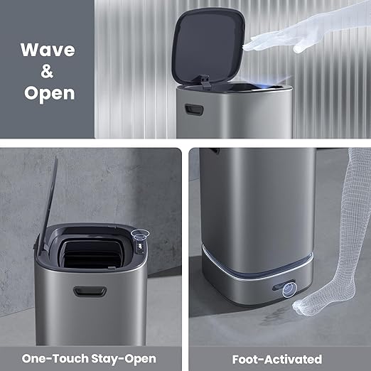 ELPHECO Stainless Steel Trash Can 4 Gallon Self-Bagging Automatic Garbage Can Self-Sealing Wastebasket 15 Liter Trash Bin Large Touchless Metal Trash Can for Home Hotel Office Silver