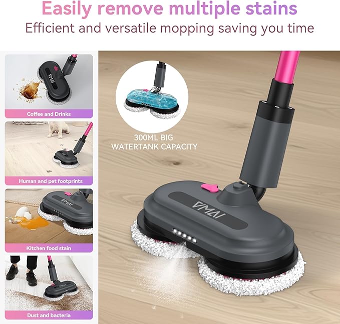 VMAI Cordless Electric Mop for Floor CleaningWater Sprayer Spin Mop with 300ML Water TankLED Lighting and Removable BatteryUp to 60mins Working Time for Hardwood Tile Laminate Marble Floor(Rose)