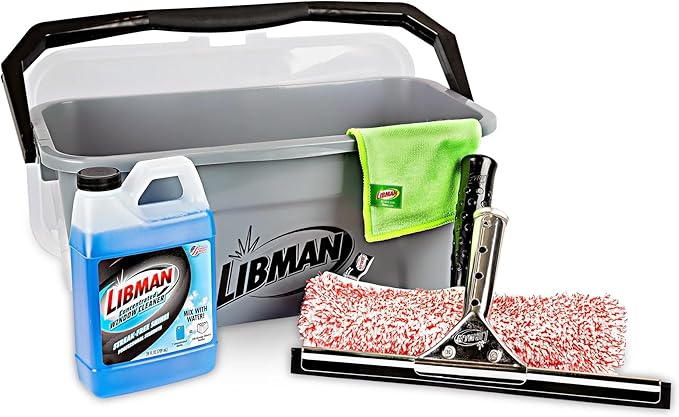 Libman Window Cleaning Kit – All-in-One Window Washing System with Bucket Stainless Steel Squeegee Microfiber Washer Glass Cloth &amp 24oz Cleaner – Pro Quality – Refillable – Streak-Free