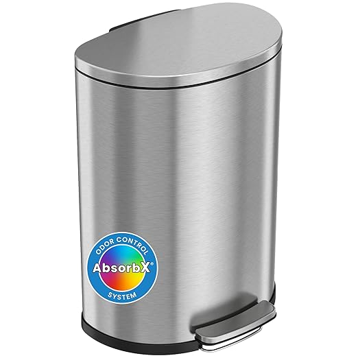 iTouchless 50 Liter Fingerprint Proof Pedal Garbage Bin Space-Saving Design for Kitchen Office Home SoftStep 13.2 Gallon Step Trash Can with Odor Control System Brushed Stainless Steel Semi-Round