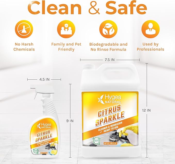Hygea Natural Citrus Sparkle Chemical-Free Heavy Duty Degreaser &amp All Purpose Cleaner - Pure Citrus Extracts &amp Natural D-limonene - Removes Grease Dirt &amp Grime (24oz Spray &amp 128oz Gal