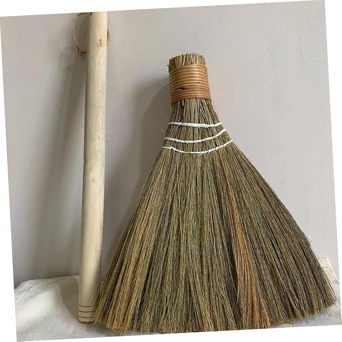 2pcs Handmade Woven Brooms with Long Handles Natural Soft Straw Dust Cleaning Brush for Kitchen Floor and Tabletop Cleaning Supplies