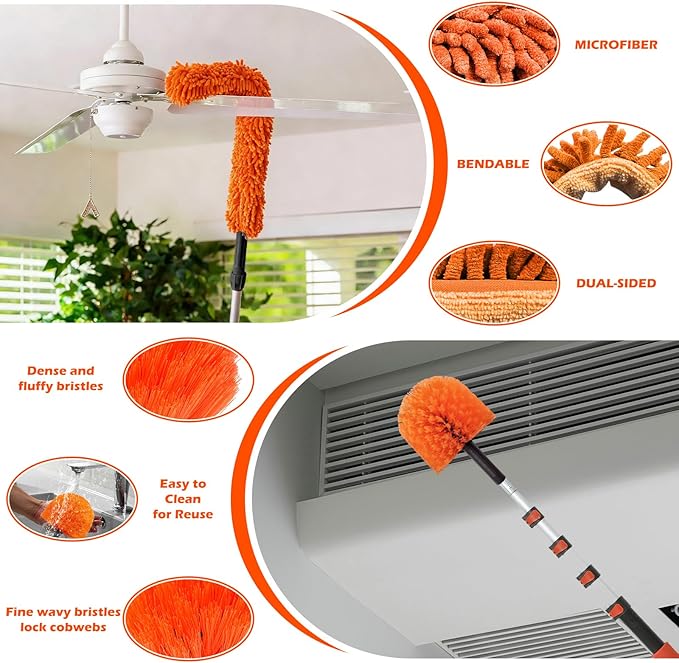 16FT Reach High Ceiling Duster Kits with 3-12FT Adjustable Pole - Includes Extra Long Duster High Ceiling Duster Rotatable Window Squeegee &amp Cobweb Duster for Ceiling Fans and Whole House Cleani