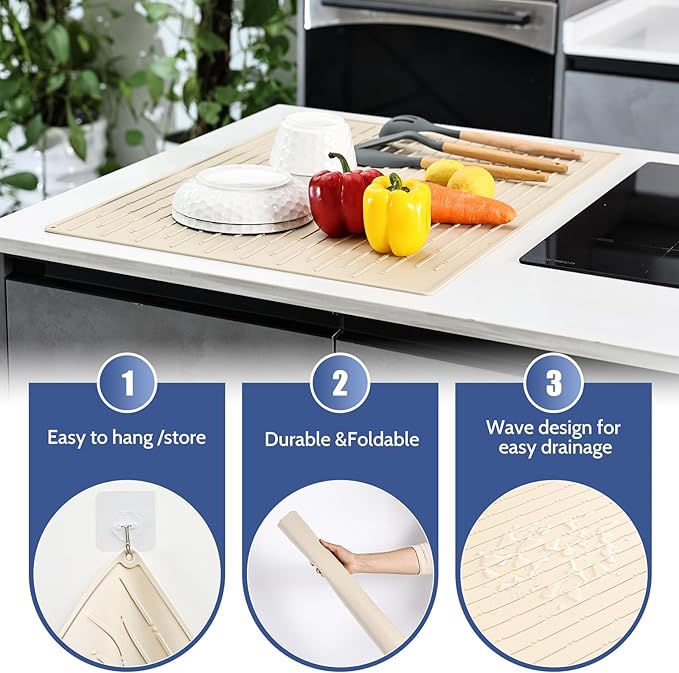 Silicone Dish Drying Mat 20 x 28 Non-Slip Easy Clean Sink Mat Large Heat-Resistant Dish Drainer Mat for Kitchen Counter Sink Refrigerator or Drawer Liner
