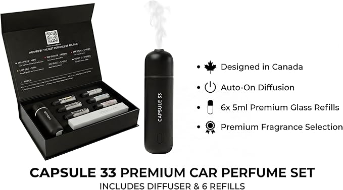 Car Perfume Diffuser (UPGADED) Air freshener Waterless Diffuser Smart Ultrasonic Air Freshener with 6 Premium Fragrances Automatic (On/Off) Car Gift for Men and Women (Black)