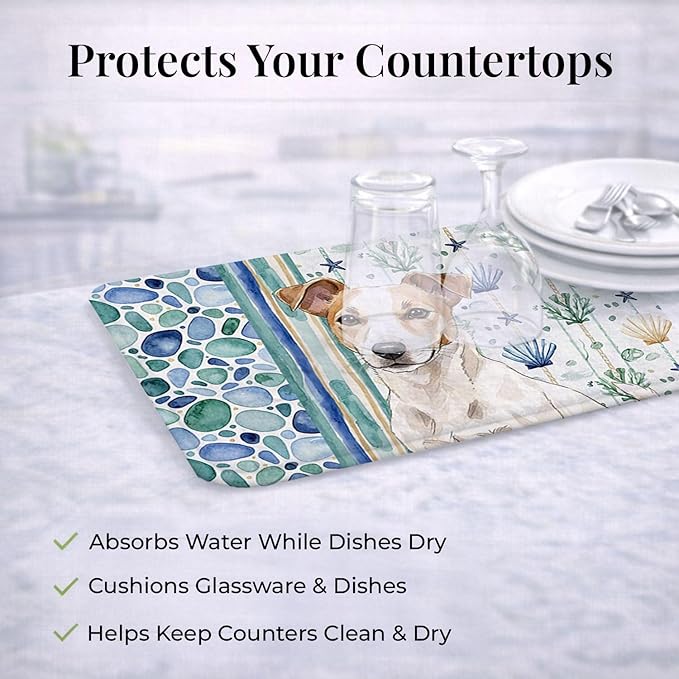 Caroline's Treasures White and Tan Jack Russell Terrier Coastal Sea Glass Dish Drying Mat Absorbent Dish Drying Mat Pad for Kitchen Counter Dish Drainer Mat for Countertop 14 x 21 Multicolor