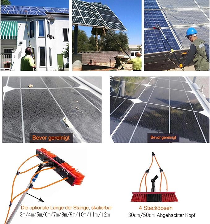 Solar Panel Cleaning Pole Kit 36ft Telescopic Brush with 20m Water Supply Hose for Upstairs Windows Cars and Roof