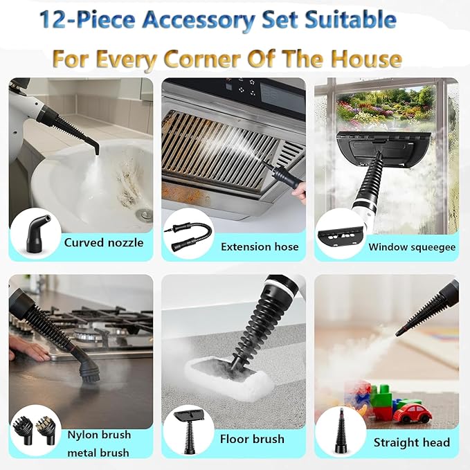 Handheld Pressurized Steam Cleaner with 12 pcs Accessories Portable Steamer for Cleaning Steam Cleaner for Home Use Steamer for Cleaning Car Furniture Floor Upholstery Grout and Tile Deep Gray