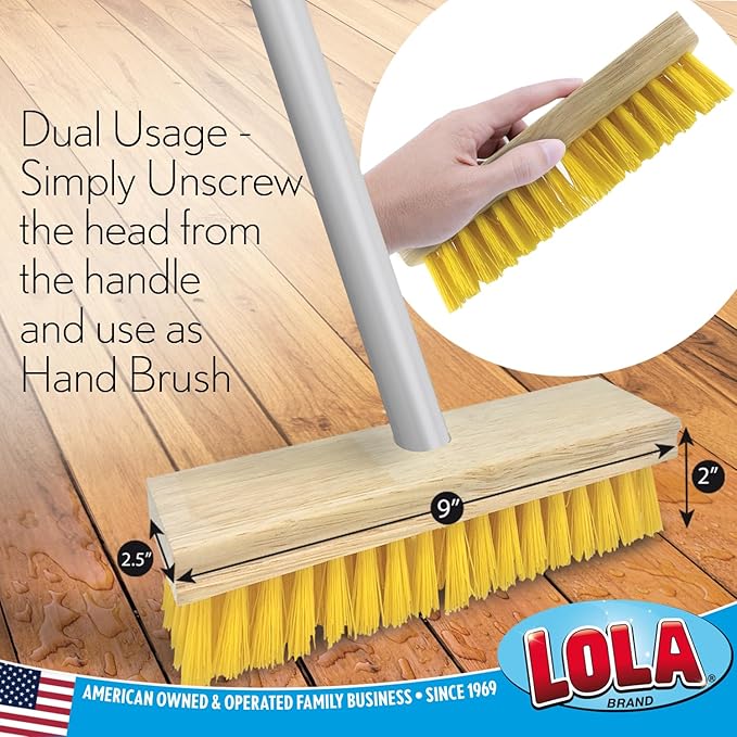 LOLA Deck Scrub Brush Outdoor Broom Durable Bristles Remove Dirt Grime Grout Leaves Snow on Patios Decks Wet or Dry 1 Pack
