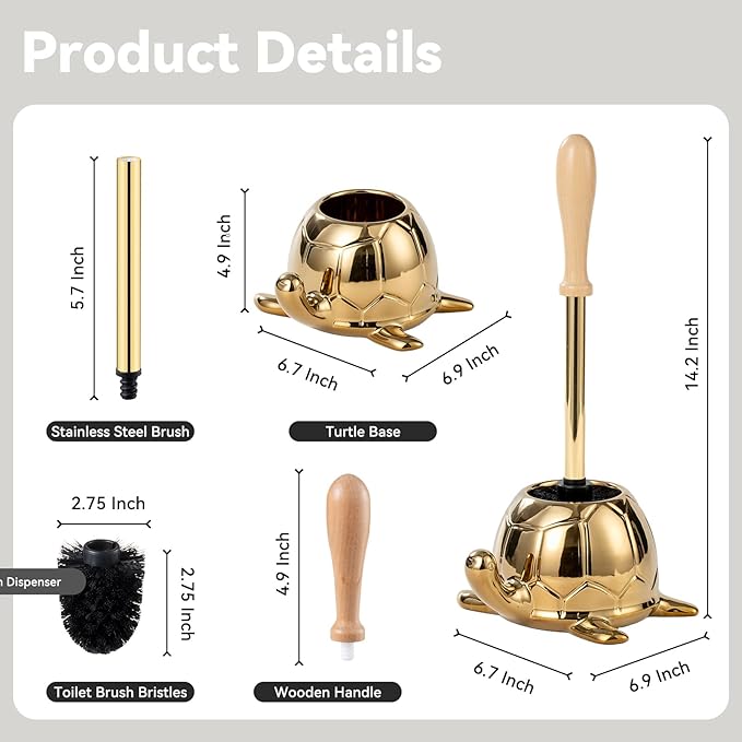 Turtle Base Toilet Brush Set - Gold Ceramic Toilet Scrubber Brush 7.5” Bowl Cleaner with Ergonomic Handle Mini Cute Bathroom Cleaning Brush - Bathroom Decor