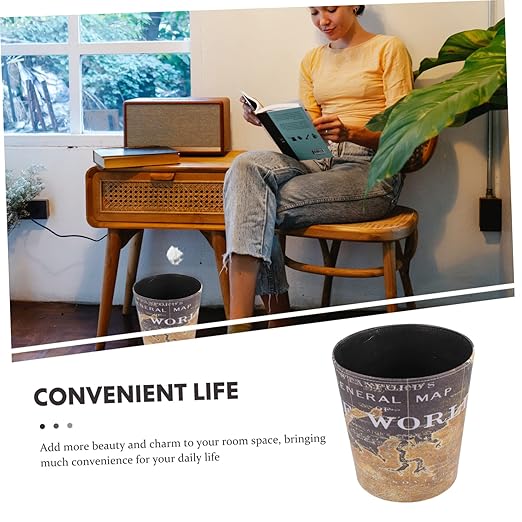 PRETYZOOM European Style PU Leather Trash Can Vintage Waste Container for Home Office Large Capacity Storage Bin No Lid Decorative Wastebasket for Living Room and Bedroom
