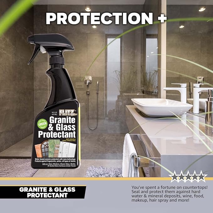 Flitz Granite &amp Glass Protectant - 16oz Bottle of USA-Made Granite Sealer and Glass Countertop Protector - Cleans &amp Prevents Liquid Stains &amp Others - Also Works on Marble &amp All Metal