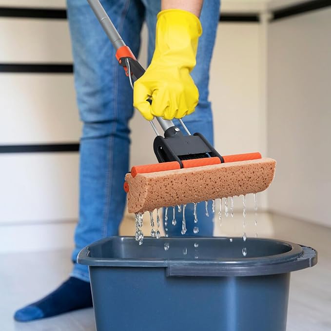 Sponge Mops for Floor Cleaning with 2 Cellulose Mop Head Refills and 55” Long Handle Heavy Duty Roller Mop Easy Self Squeeze for Hard Wood Tile Concrete Bathroom or Kitchen Floor Wall Ceiling