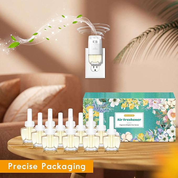 Plug In Air Freshener Starter Kit 12 Refills + 1 Warmer Hawaiian Jasmine &amp Fresh Cotton Scents for Home &amp Bathroom Office Compatible with Air Wick &amp Glade Not Include Glade Plus