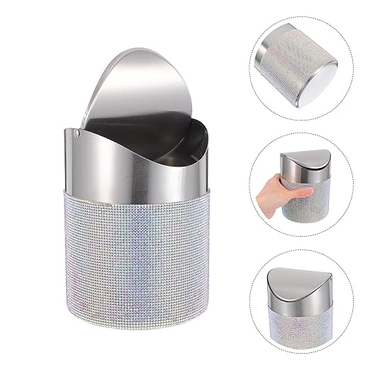 TOYANDONA Mini Trash Can with Flip Lid Stainless Steel Round Desktop Wastebasket with Colorful Rhinestones Compact Garbage Bin for Bedroom Office Small Spaces