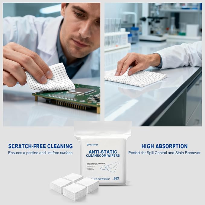Anti-Static Microfiber Wipes 4x4(400 PcsClass 100 200GSM) Lint Free Cloths Reusable Special ESD protection design is suitable for protecting sensitive electronic components and tools