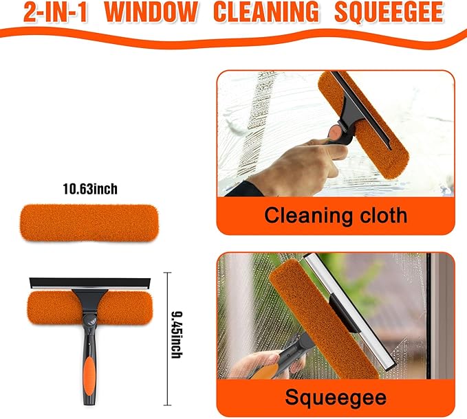 25FT Reach Window Squeegee Kit with Extension Pole 2-in-1 Professional Washer for High Windows 5-20FT Adjustable Reach Rotatable Head for Indoor &amp Outdoor Use Streak-Free Cleaning Tool for Hom