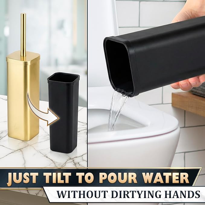 Gold Toilet Brush with Square Holder - Toilet Brush and Holder Set Gold Stainless Steel Handle with Splash Shield Replaceable Head and Removable Inner Cup - Freestanding Bathroom Toilet Cleaning Set