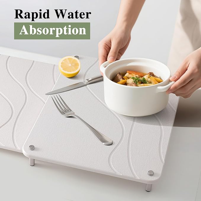2-Pack Marble Dish Drying Mats for Kitchen Counter Diatomaceous Earth (Diatomite) Quick-Dry Sink Countertop Pads for Dishes &amp Utensils Non-Slip Easy to CleanWhite