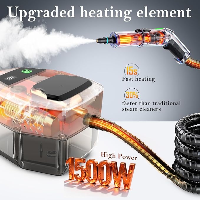 Steam Cleaner 3-Level Adjustable Handle 15s Heat-Up Steamer for Cleaning With 1.8L Large Tank Dry Burn Protection Handheld Steam Cleaner for Home Bathroom Tile GroutCar with 12pcs Accessories