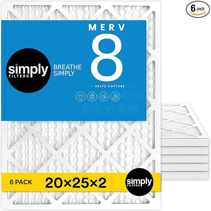 Simply 20x25x2 Air Filter MERV 8 6 Pack Furnace Air Filter for HVAC (Actual Size: 19.5x24.5x1.75) DUST Pet &amp Allergy Control