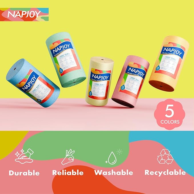 Napjoy Microfiber Cleaning Cloth Roll 75PK Easy Tear Away Reusable Paper Towels 12 x 12 Lint-Free and Scratch-Free with Patented Fiber Technology Microfiber Towel Roll Pink
