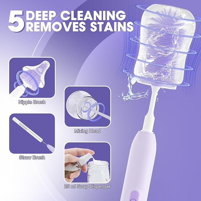 Electric Bottle Brush CleanerElectric Baby Bottle Brush Cleaner with Silicone Nipple&ampStraw BrushSoap DispenserDrying Rack-WaterproofLong Battery LifeTravel Bottle Cleaner Kit for Babies
