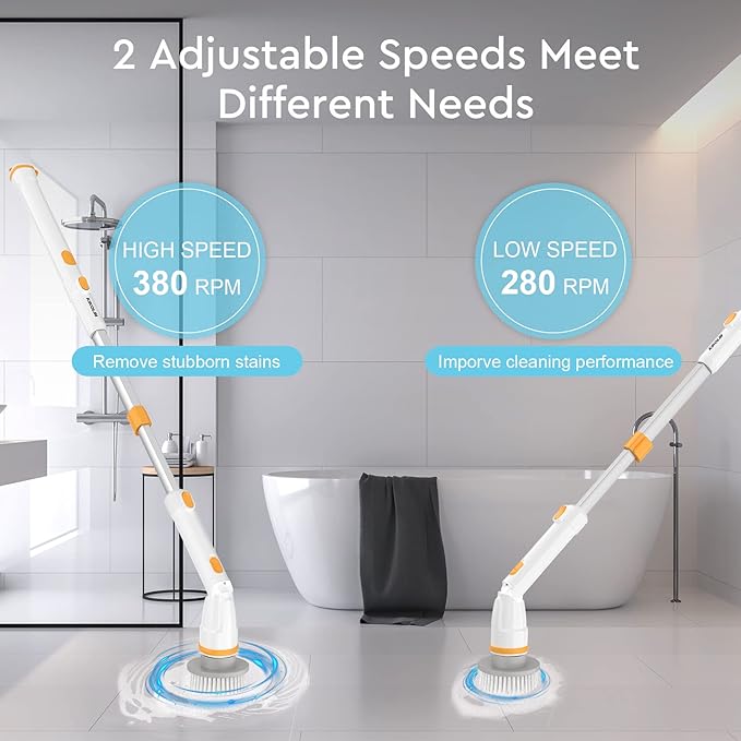 Electric Spin Scrubber KIKOLIN 380RPM High Speed Power Scrubber Cordless Cleaning Brush 2 Speeds for Bathroom Tub Shower Floor with 4 Replaceable Brush Heads and Adjustable Extension Long Handle