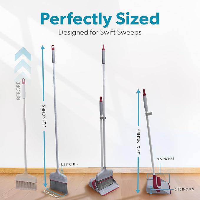 BLACK+DECKER Butler Broom &amp Dustpan Set - Stand-Up Design - Lightweight Space-Saving Combo for Kitchen Living Room Bathroom Lobby Floors - Home Cleaning Essential Light Gray/Burgundy